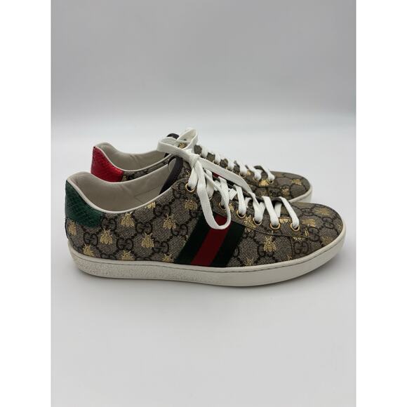 Gucci Ace GG Bee Shoes Supreme Sneakers Women’s Size 37.5 Web Stripe Brown Gold - Picture 5 of 16